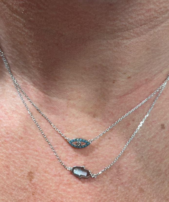 Sterling Silver 925 Rhodium Plated Hamsa Hand and Evil Eye Necklace