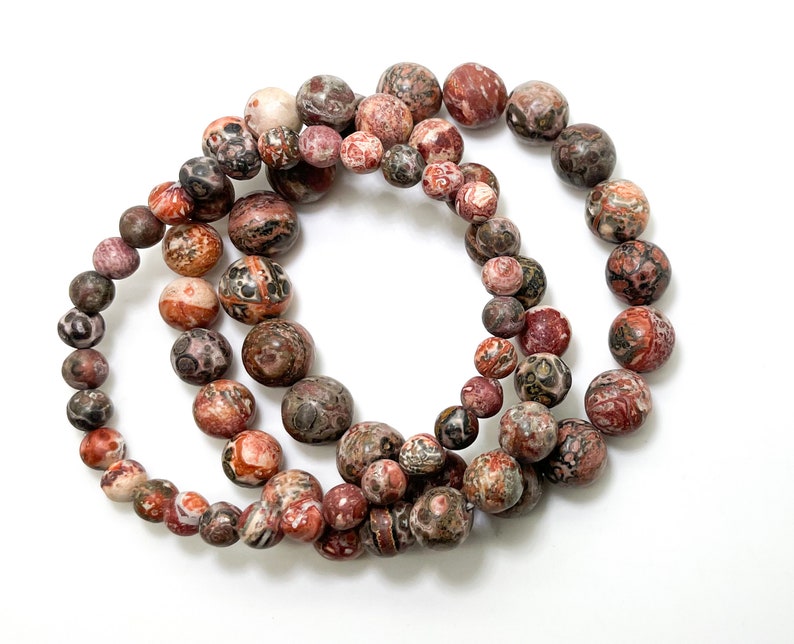 Red Fossil Jasper Smooth Round Natural Gemstone Stretch Bracelet
