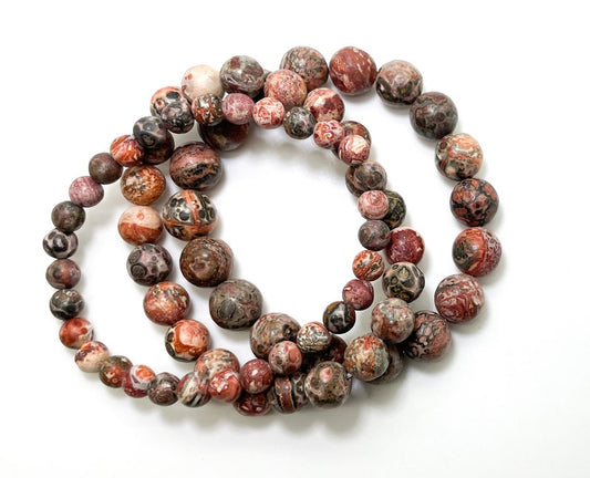 Red Fossil Jasper Smooth Round Natural Gemstone Stretch Bracelet