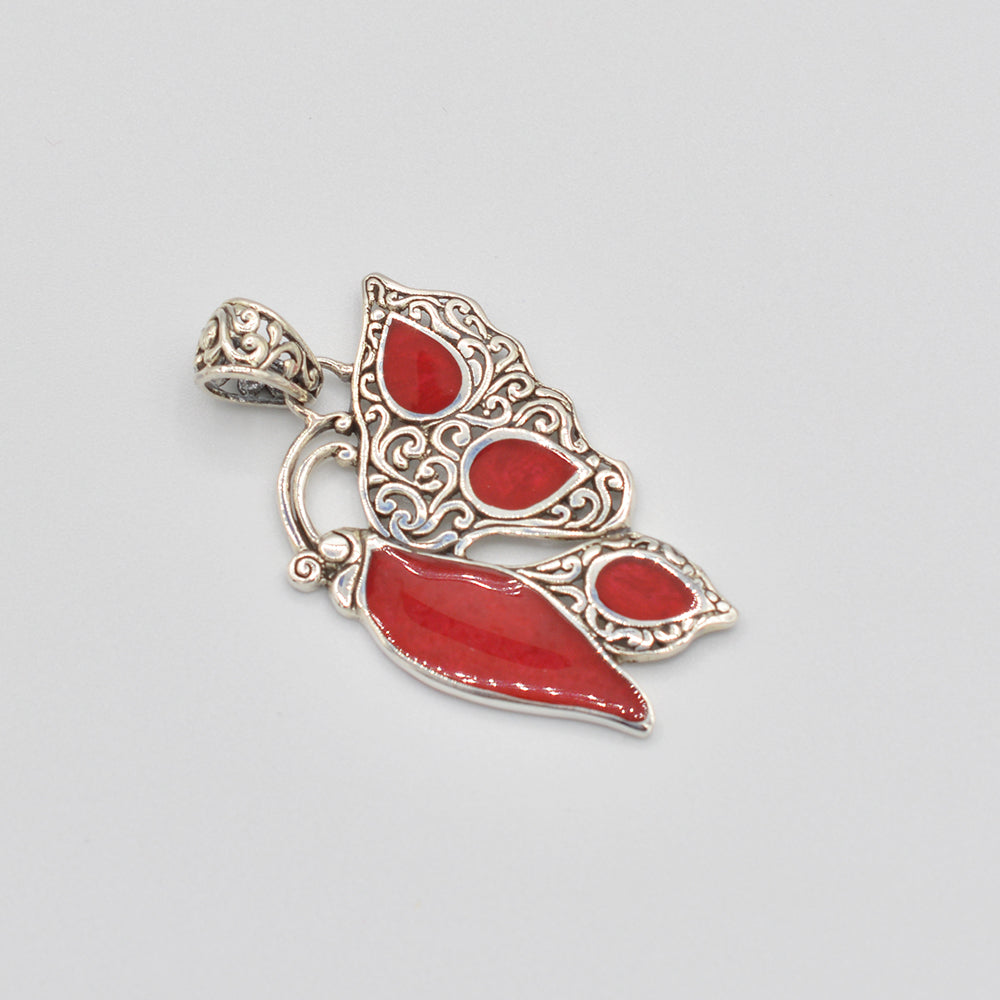 Sterling Silver Abalone or Mother of Pearl or Red Coral Butterfly Pendant