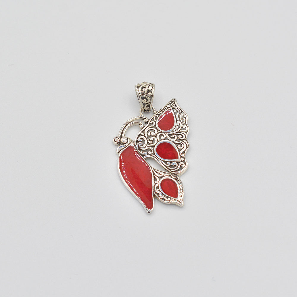 Sterling Silver Abalone or Mother of Pearl or Red Coral Butterfly Pendant