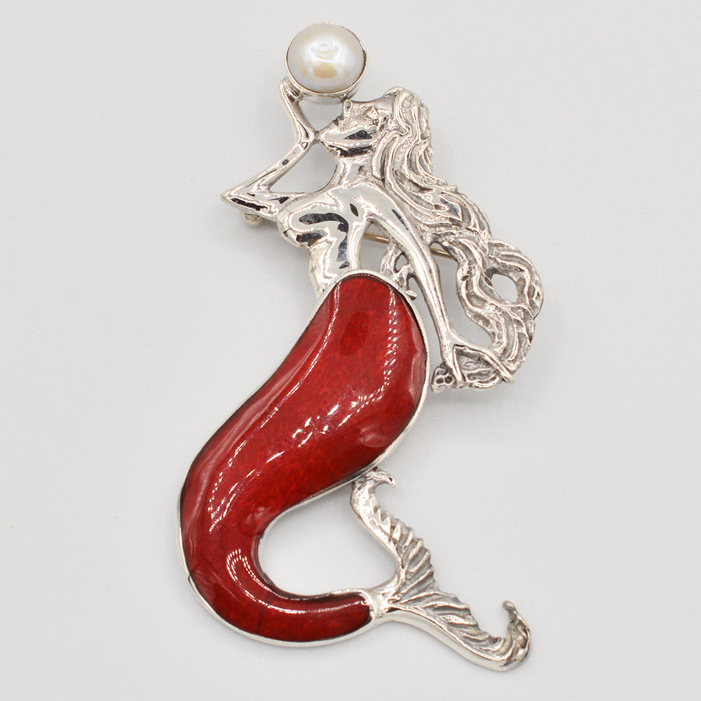 Mermaid Pendant/Brooch-Sterling Silver with Abalone, Mother of Pearl or Red Coral