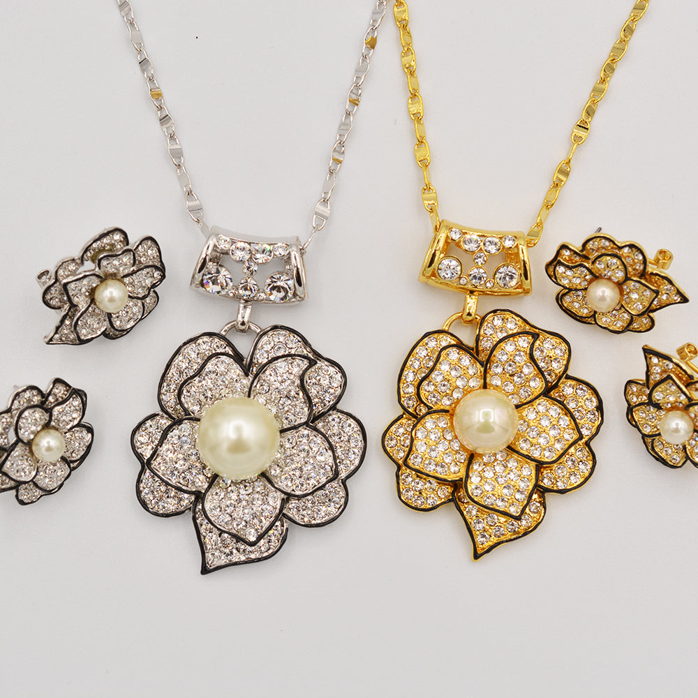 Crystal Pearl Rose Pendant - Gold or Rhodium Plated