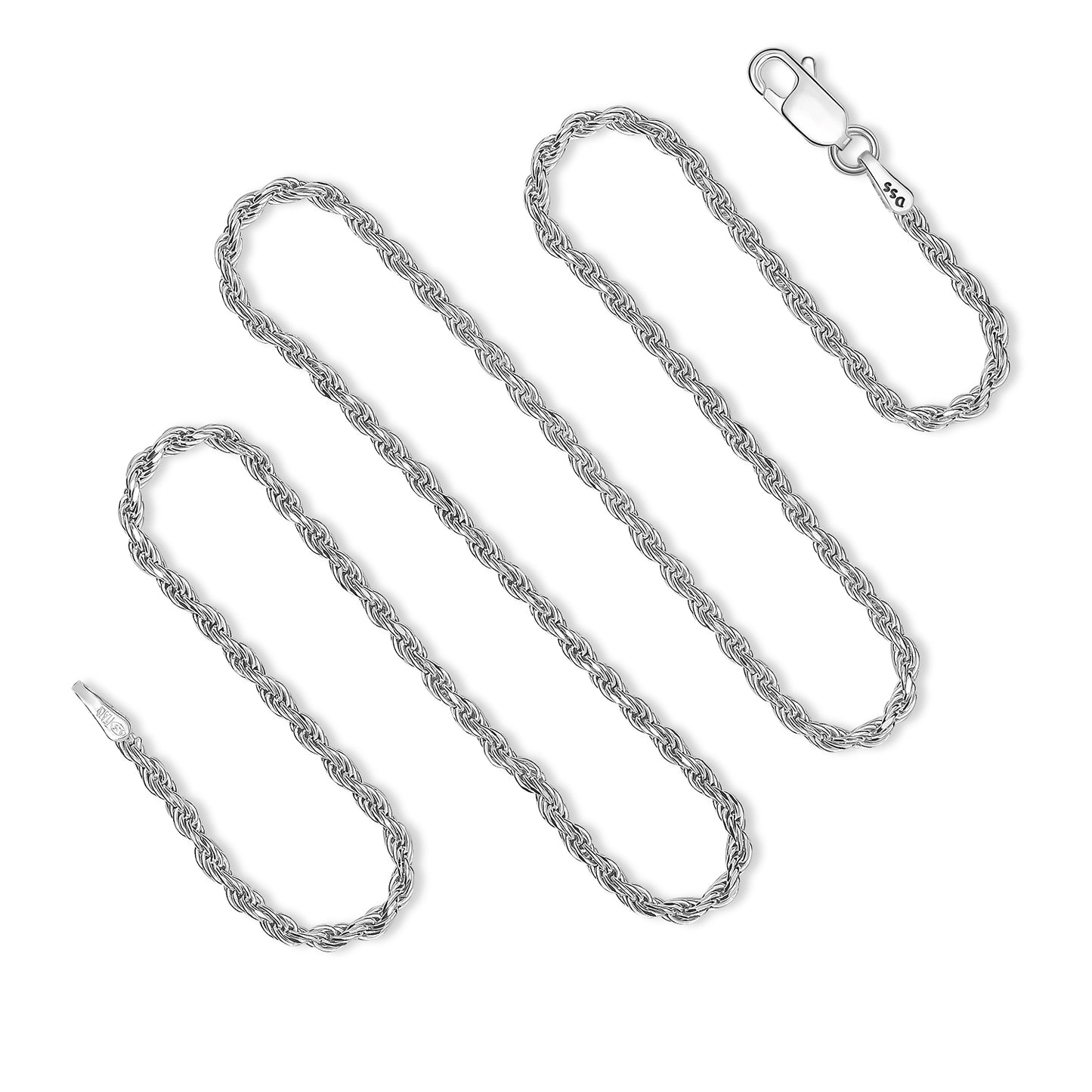 2MM Sterling Silver Rope Chain with Lobster Claw Clasp 16-36".16", 18", 20", 22", 24", 30", 36"