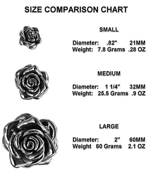 3 sizes of stainless steel rose pendant. Will not tarnish or dent.