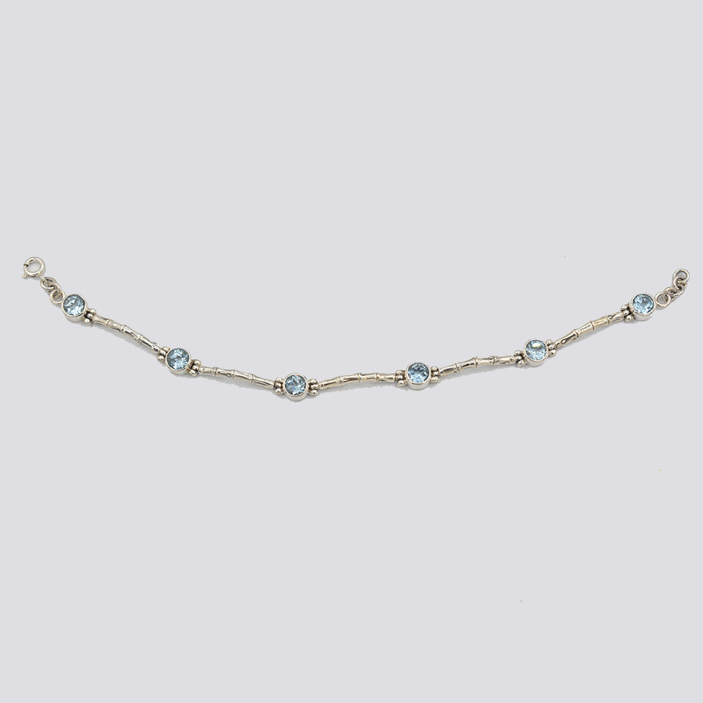 Blue Topaz round semi-precious stone Sterling Silver toggle Bracelet, 925 silver 7"-8" 6 blue topaz stones