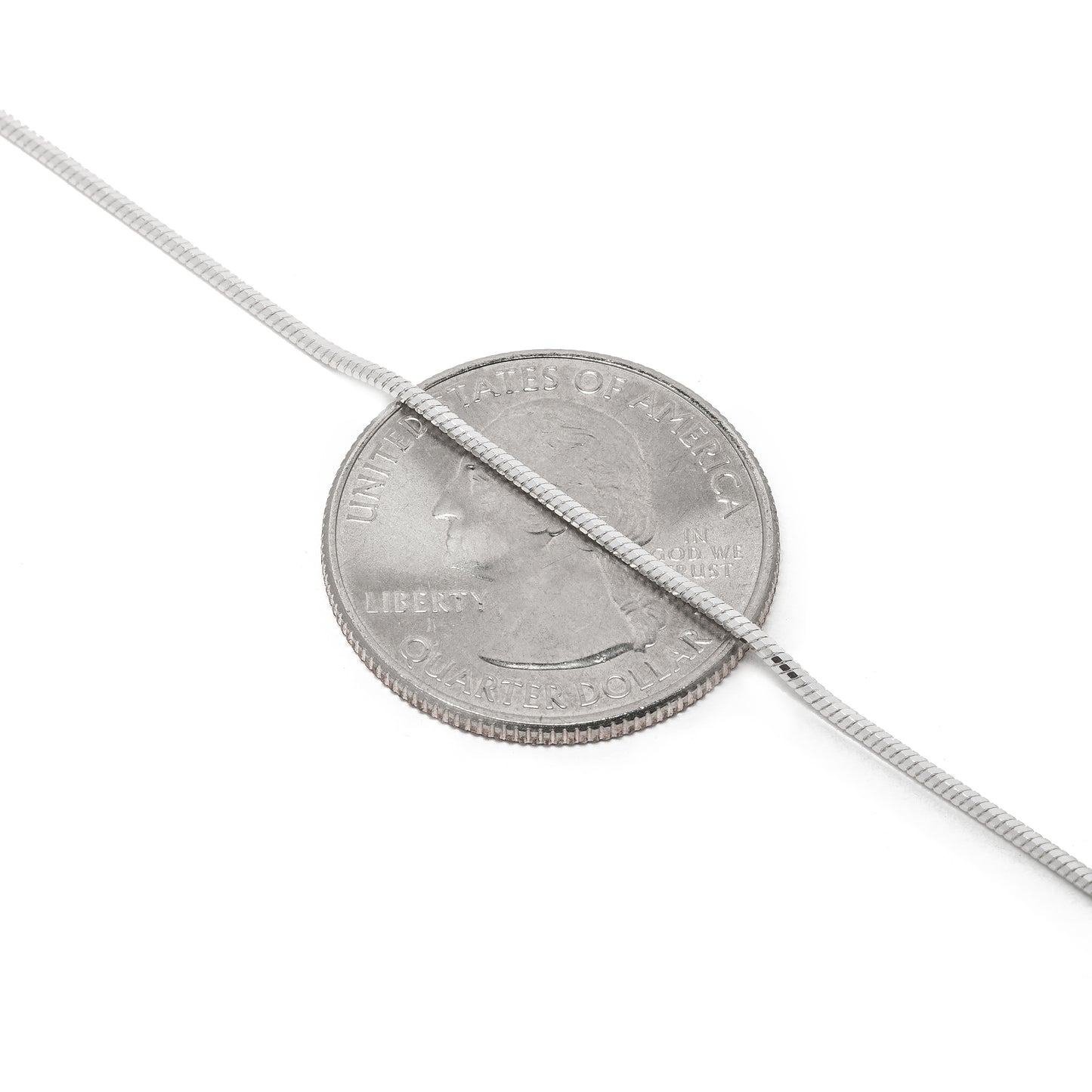 1MM MAGIC Sterling Silver 8 Sided Snake Chain with Lobster Claw Clasp. Displayed over a quarter to show you this size of the width.