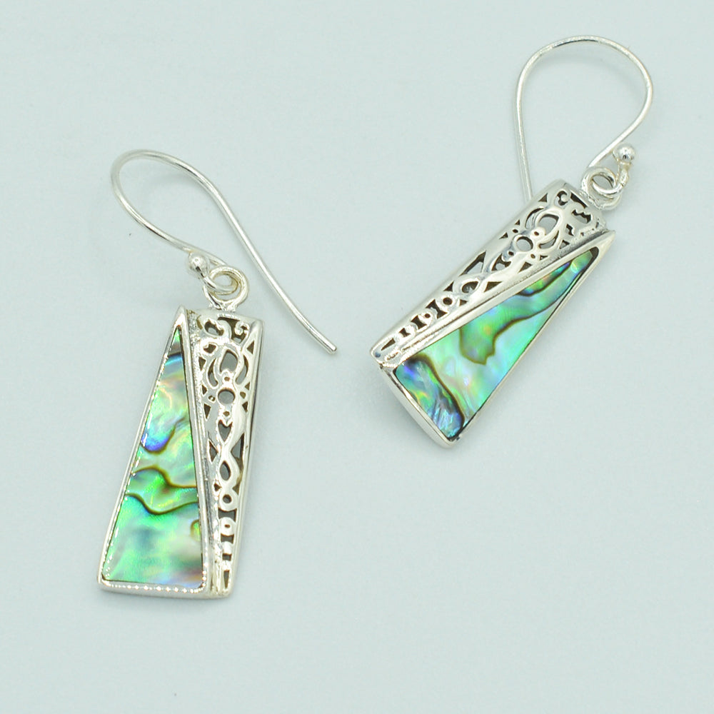 Abalone Sterling Silver pierced fish hook Earrings. Rectangle geometric shape. Natural genuine abalone, vibrate green and blue. 11/4" long