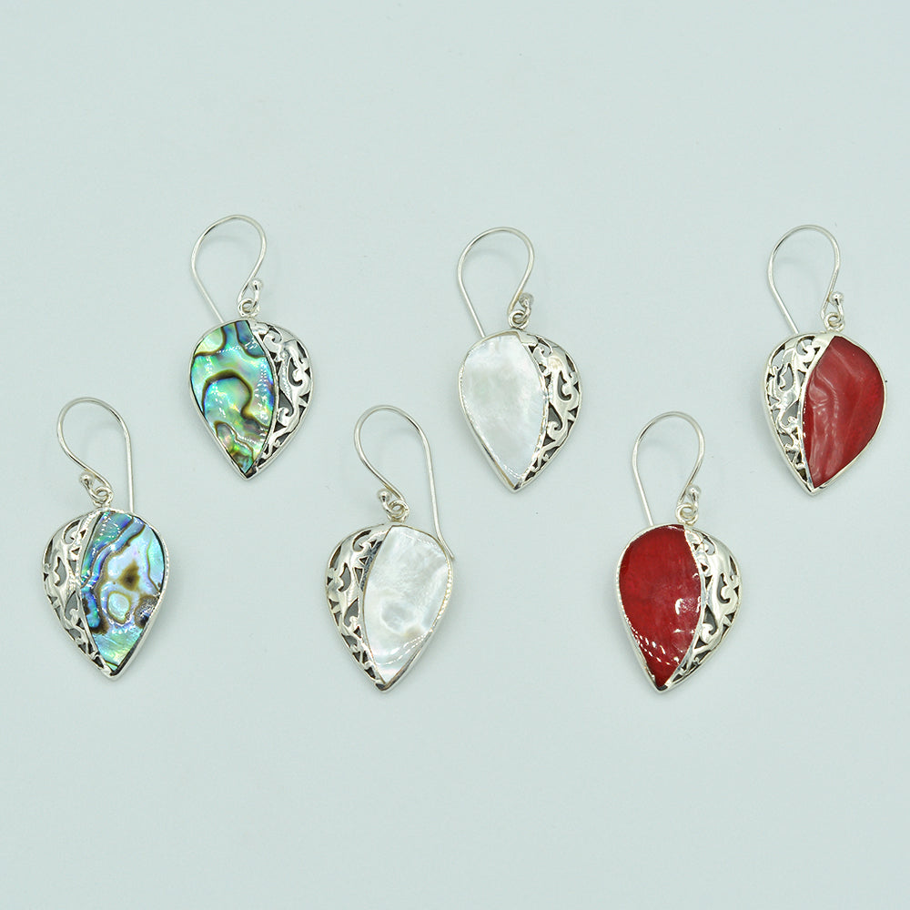 Mother of Pearl or Red Coral or Abalone Sterling Silver Earrings