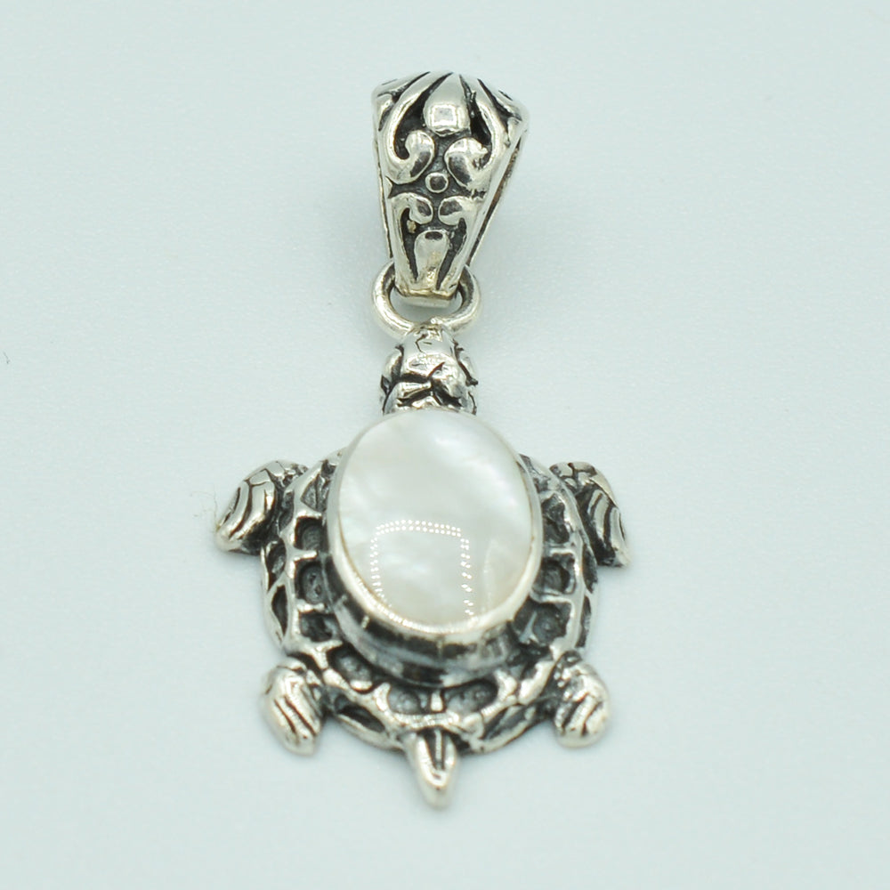Small Sterling Silver Turtle Pendant set with either Mother-of-Pearl or Red Coral
