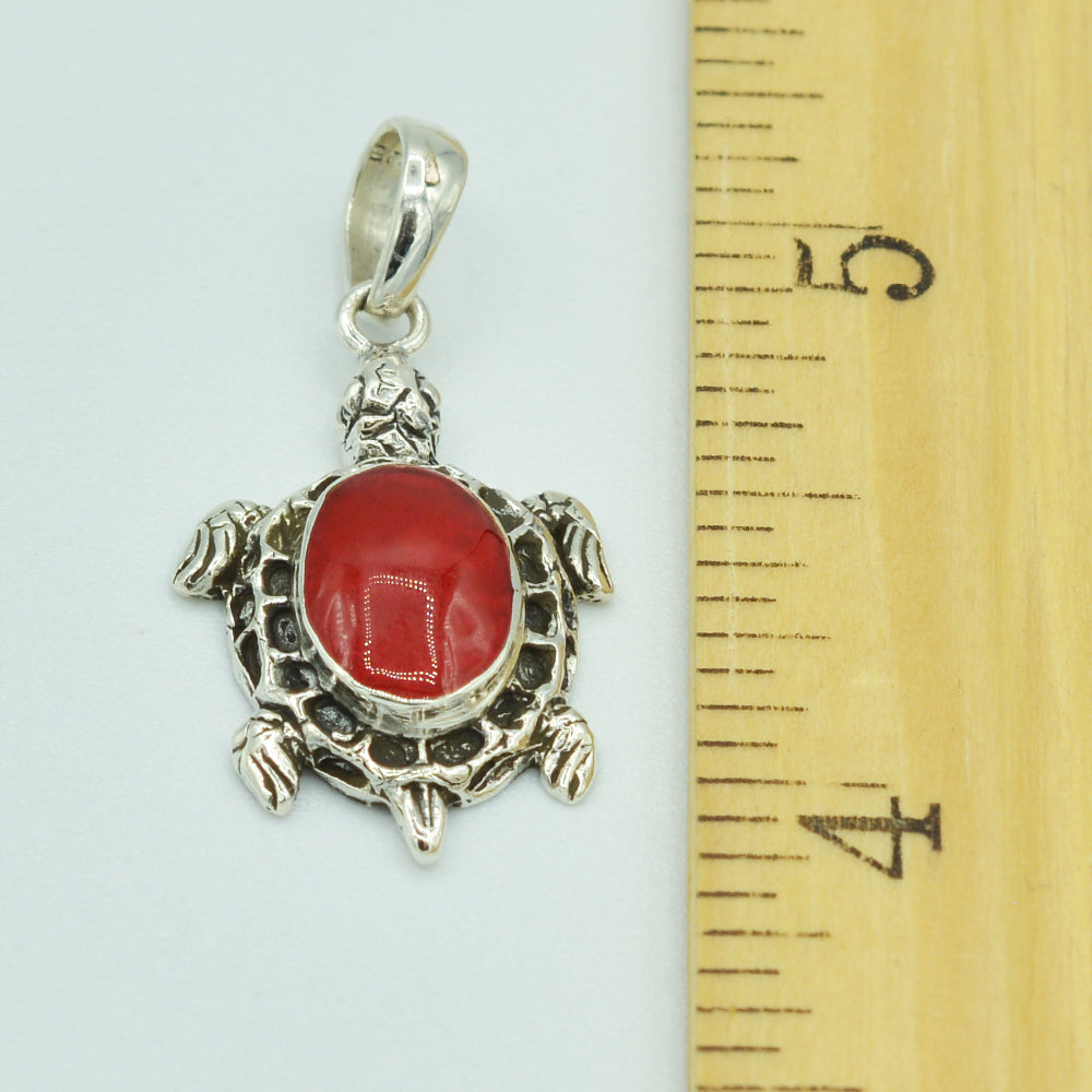 Small Sterling Silver Turtle Pendant set with either Mother-of-Pearl or Red Coral