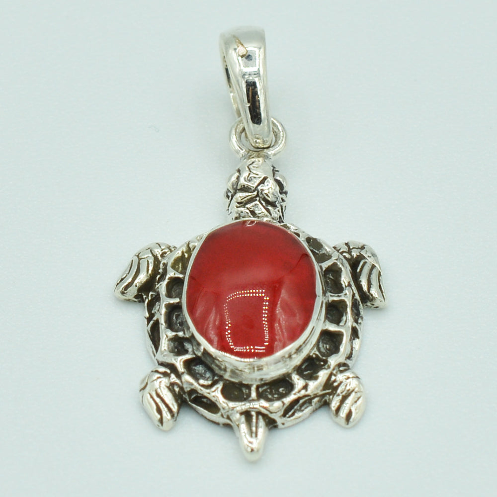 Small Sterling Silver Turtle Pendant set with either Mother-of-Pearl or Red Coral