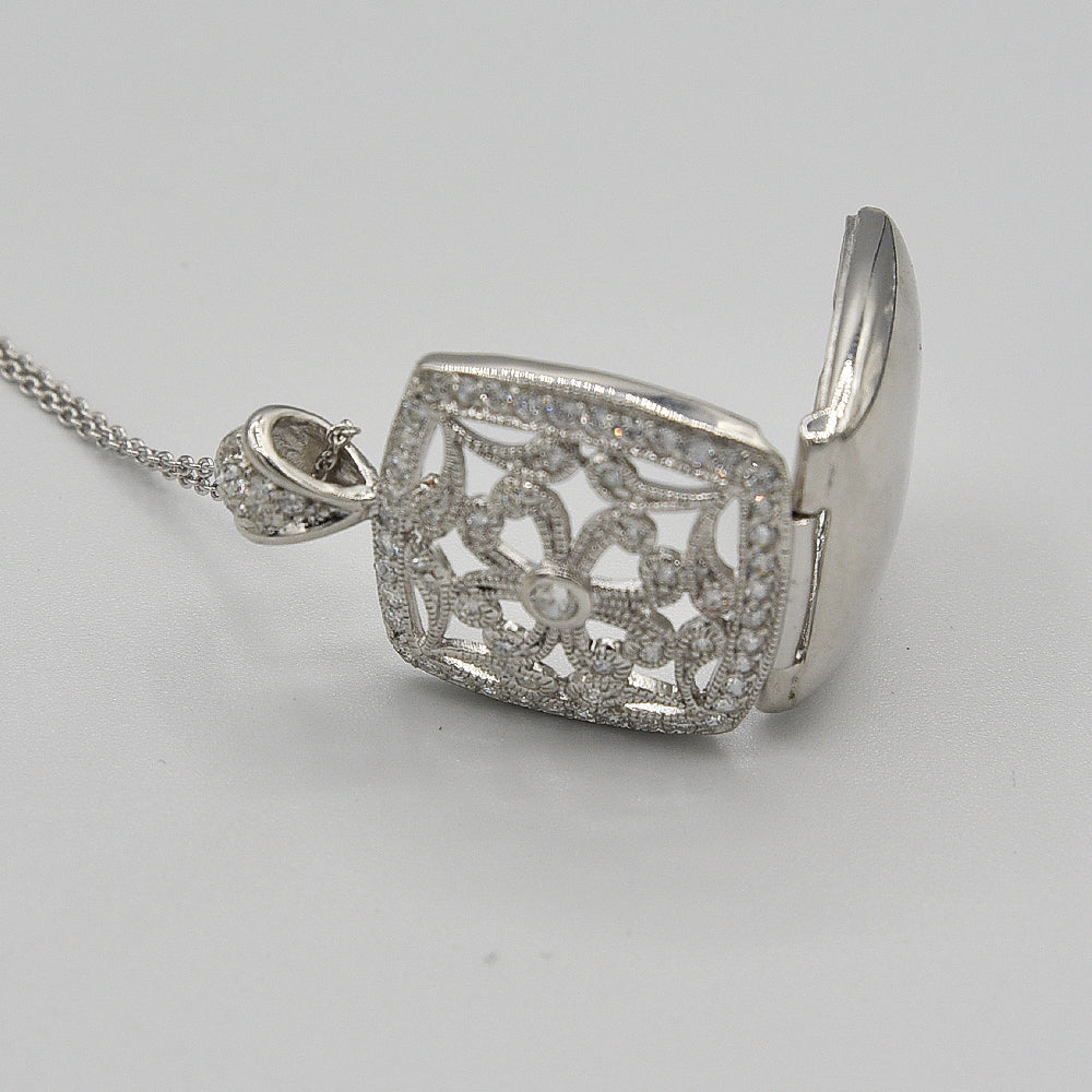Sterling Silver Locket with Cubic Zirconia (CZ) Square shape