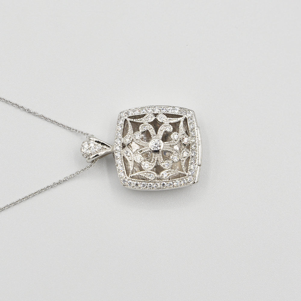 Sterling Silver Locket with Cubic Zirconia (CZ) Square shape