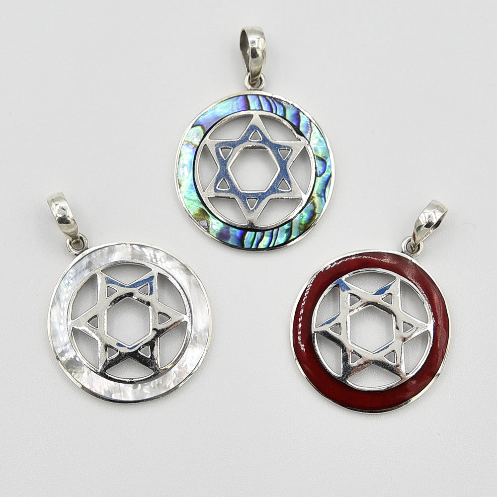 Sterling Silver Star of David Pendant with either Abalone, Mother of Pearl or Red Coral