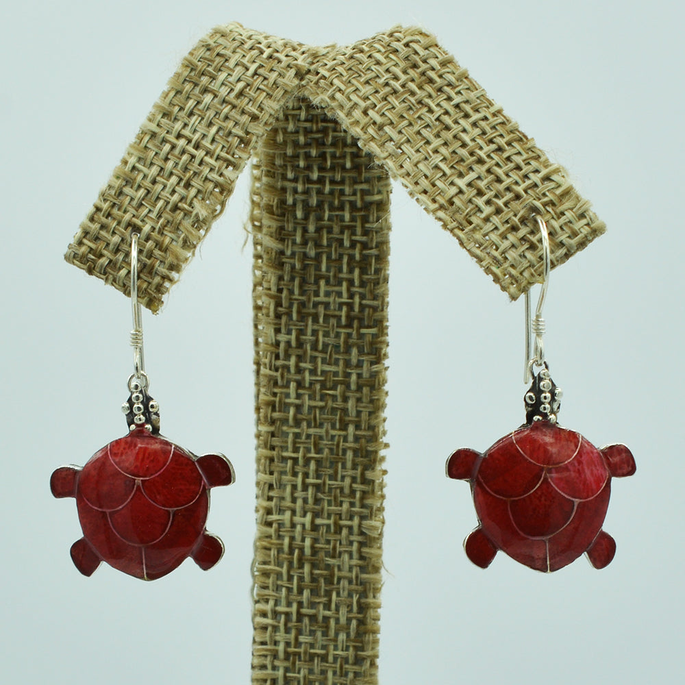 Mother of Pearl or Red Coral or Abalone Turtle Sterling Silver Earrings