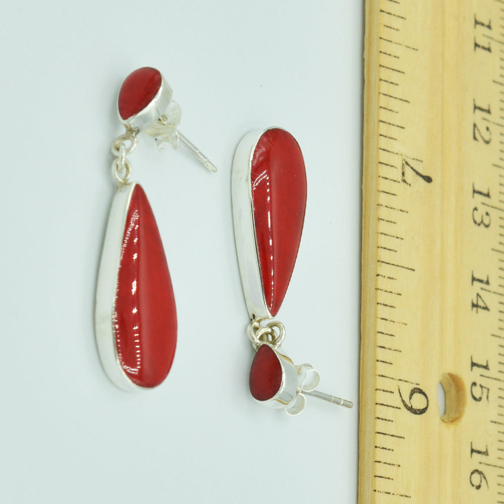 Sterling Silver Teardrop Earrings inlaid with Mother-of-Pearl, Red Coral, or Abalone