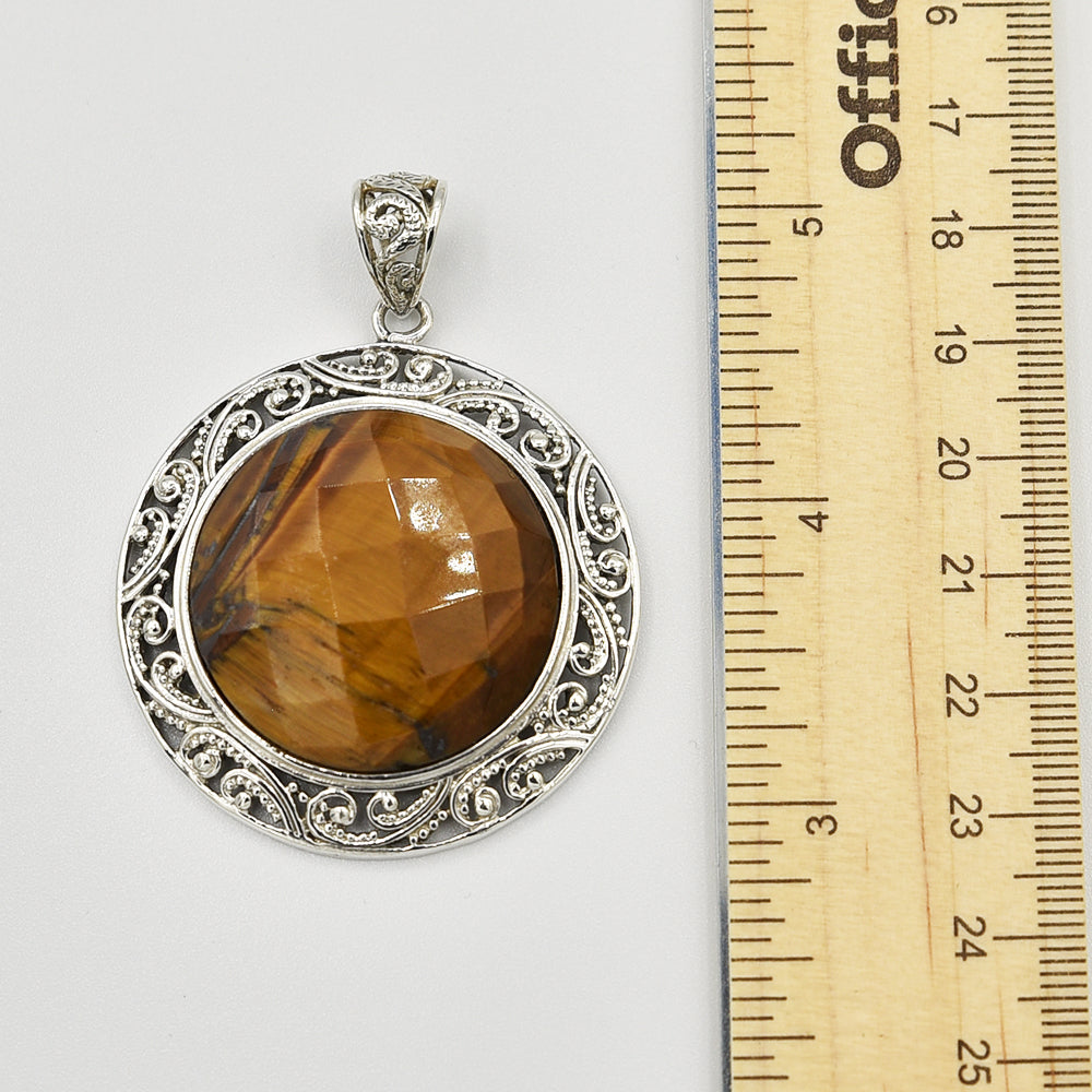 Tiger's Eye Faceted Sterling Silver Pendant - Round - one of a kind