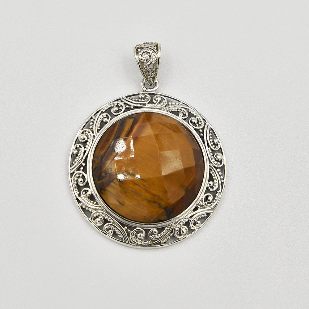 Tiger's Eye Faceted Sterling Silver Pendant - Round - one of a kind