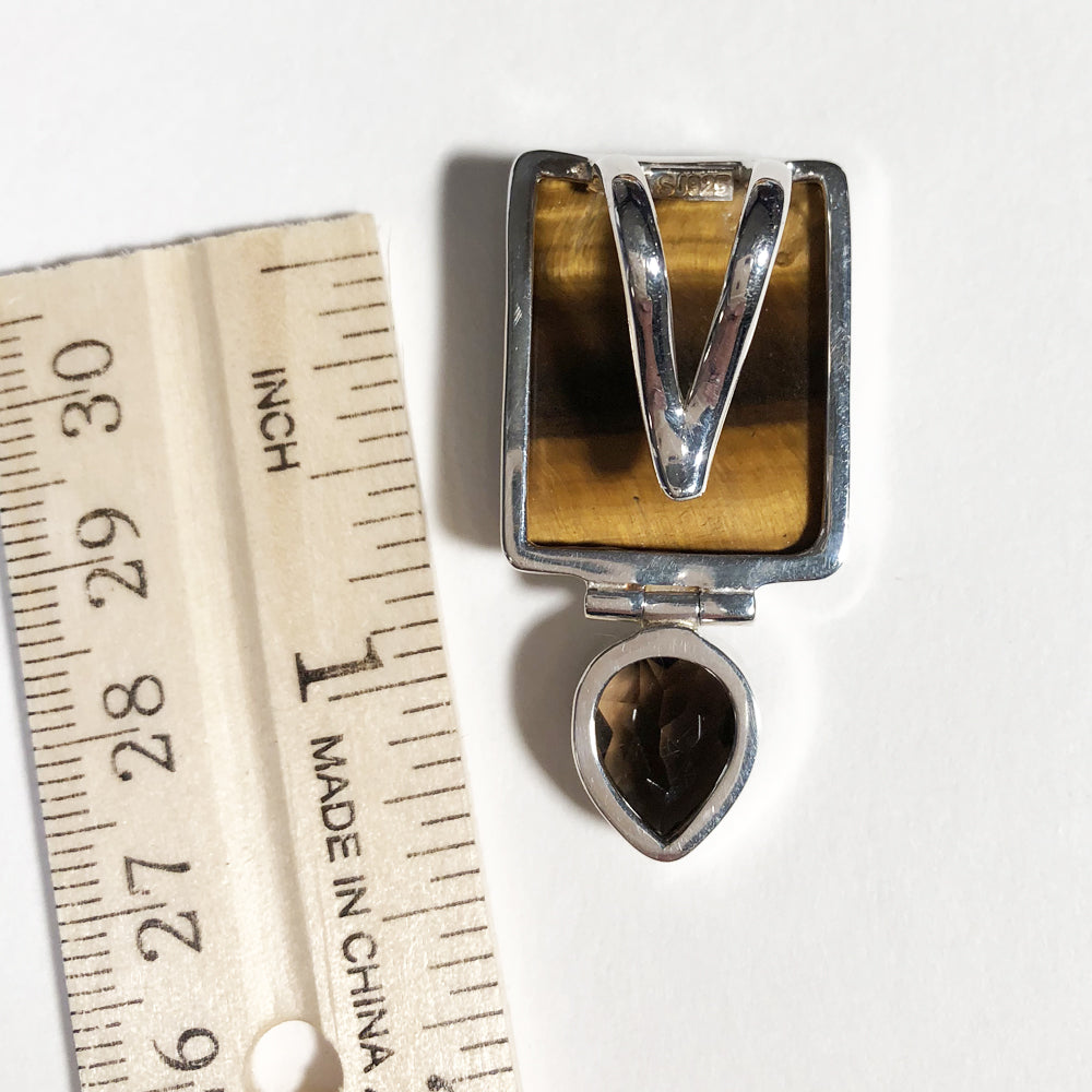 Square Tiger-eye and teardrop Smoky Quartz 1.5" Pendant set in Sterling Silver - one of a kind