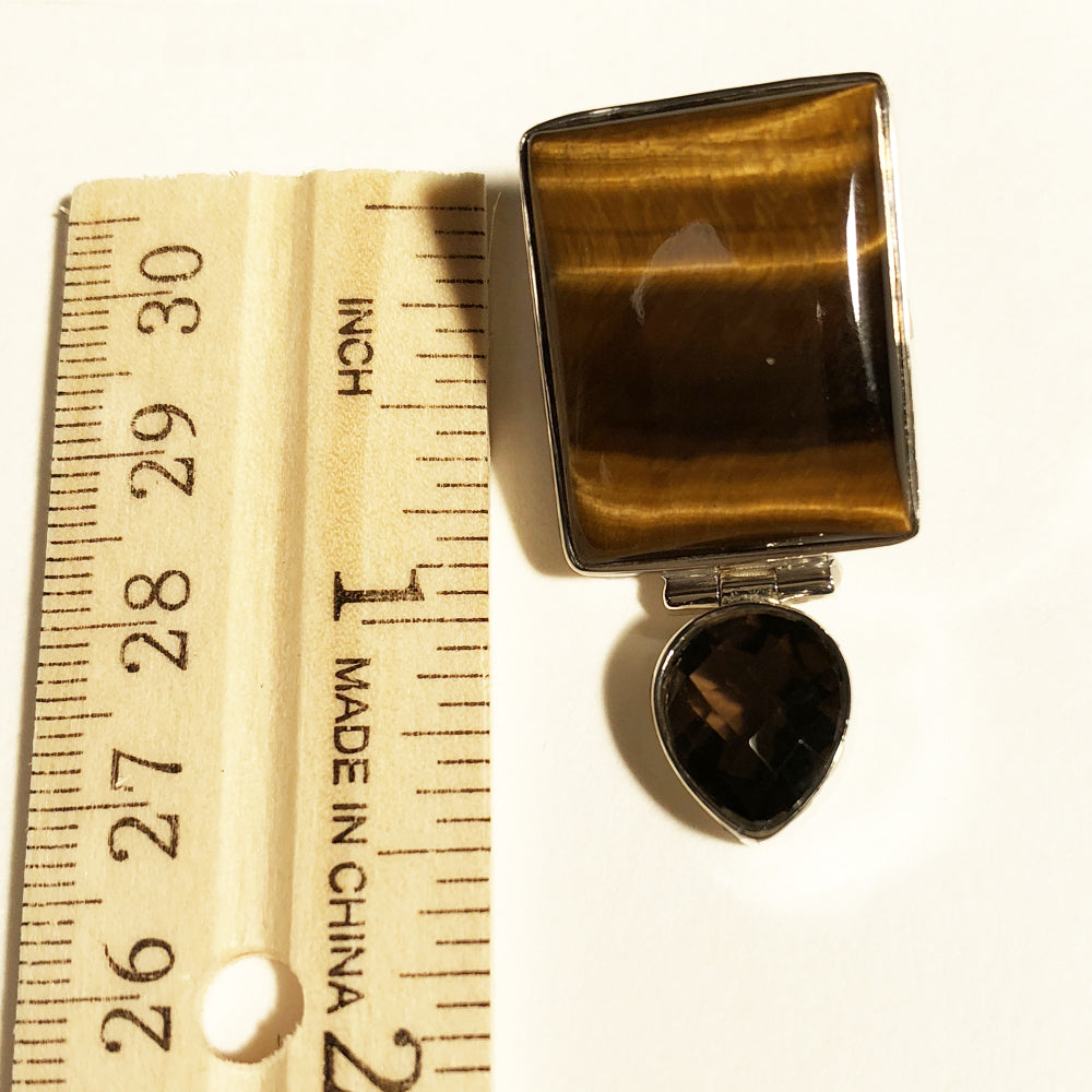Square Tiger-eye and teardrop Smoky Quartz 1.5" Pendant set in Sterling Silver - one of a kind