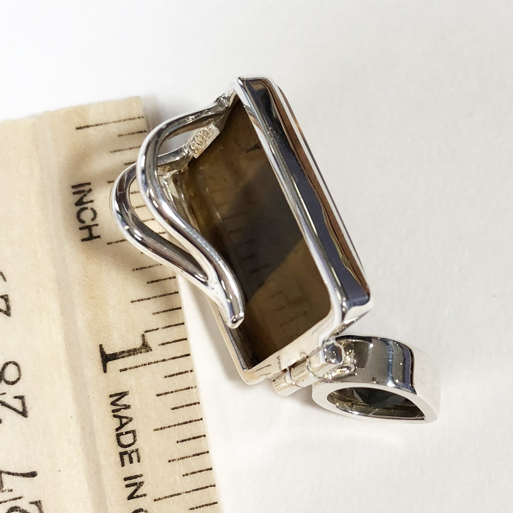 Square Tiger-eye and teardrop Smoky Quartz 1.5" Pendant set in Sterling Silver - one of a kind