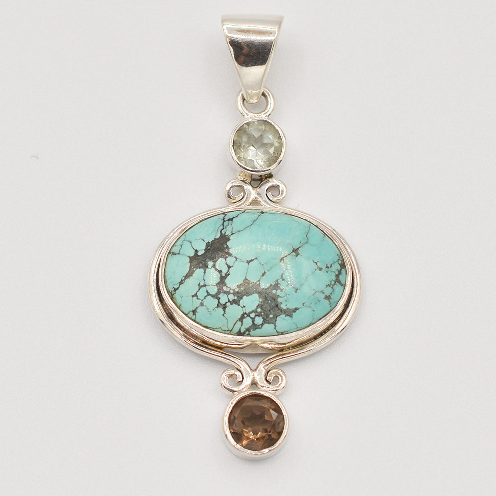 Turquoise, Smokey Topaz and Quartz Sterling Silver Pendant