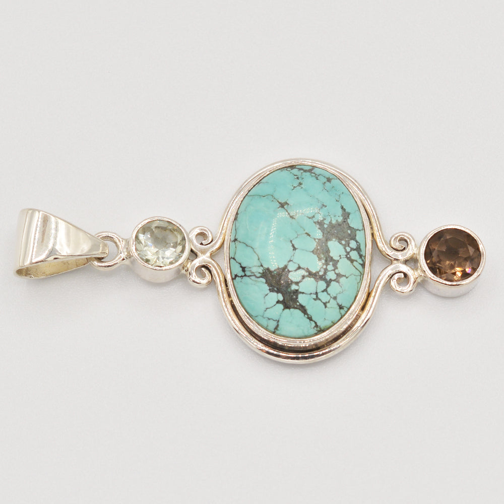 Turquoise, Smokey Topaz and Quartz Sterling Silver Pendant