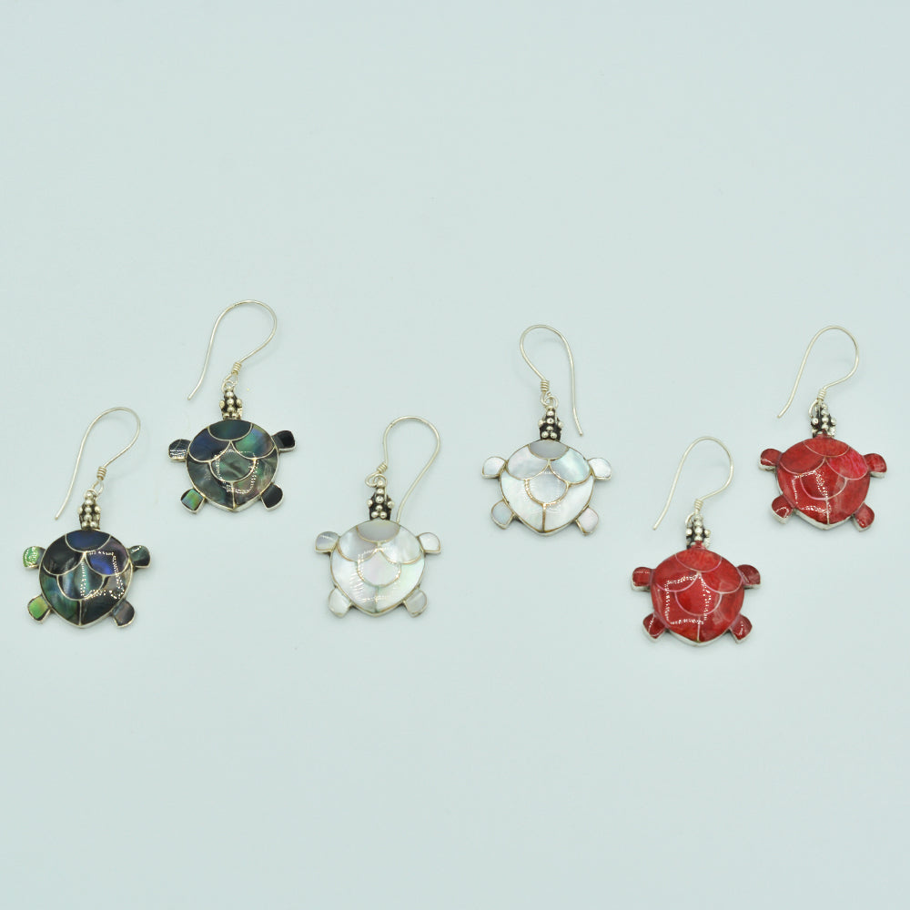 Mother of Pearl or Red Coral or Abalone Turtle Sterling Silver Earrings
