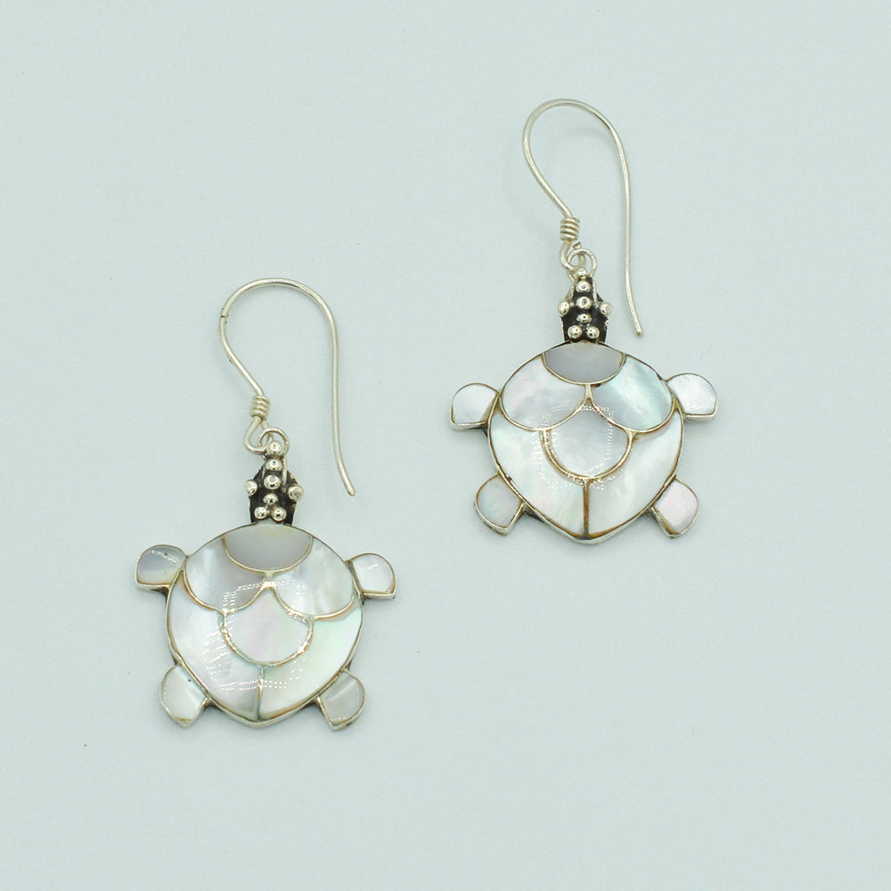 Mother of Pearl or Red Coral or Abalone Turtle Sterling Silver Earrings