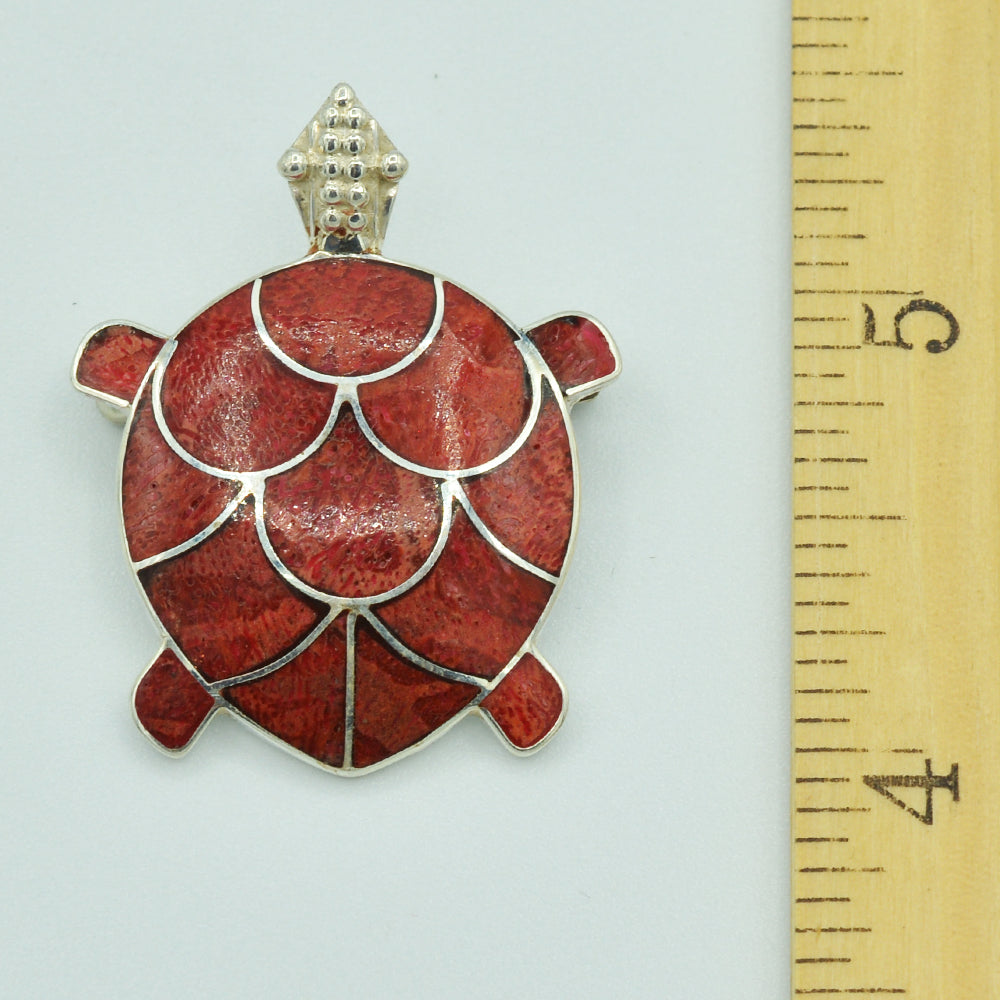 Sterling Silver Turtle Pendant / Pin or Brooch - Coral
