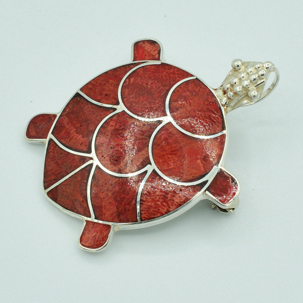 Sterling Silver Turtle Pendant / Pin or Brooch - Coral