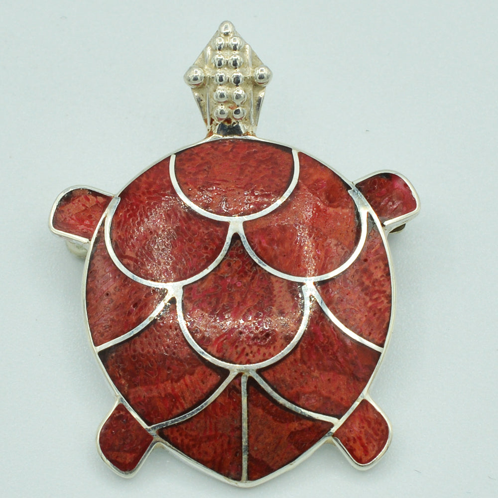 Sterling Silver Turtle Pendant / Pin or Brooch - Coral