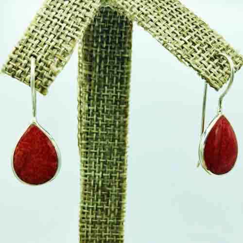 Coral and Sterling Silver dangle pierced Earrings. tear shape.