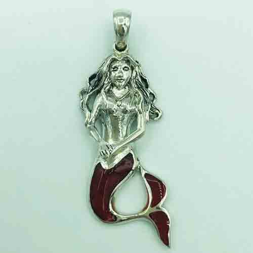 Coral and Sterling Silver Mermaid Pendant
