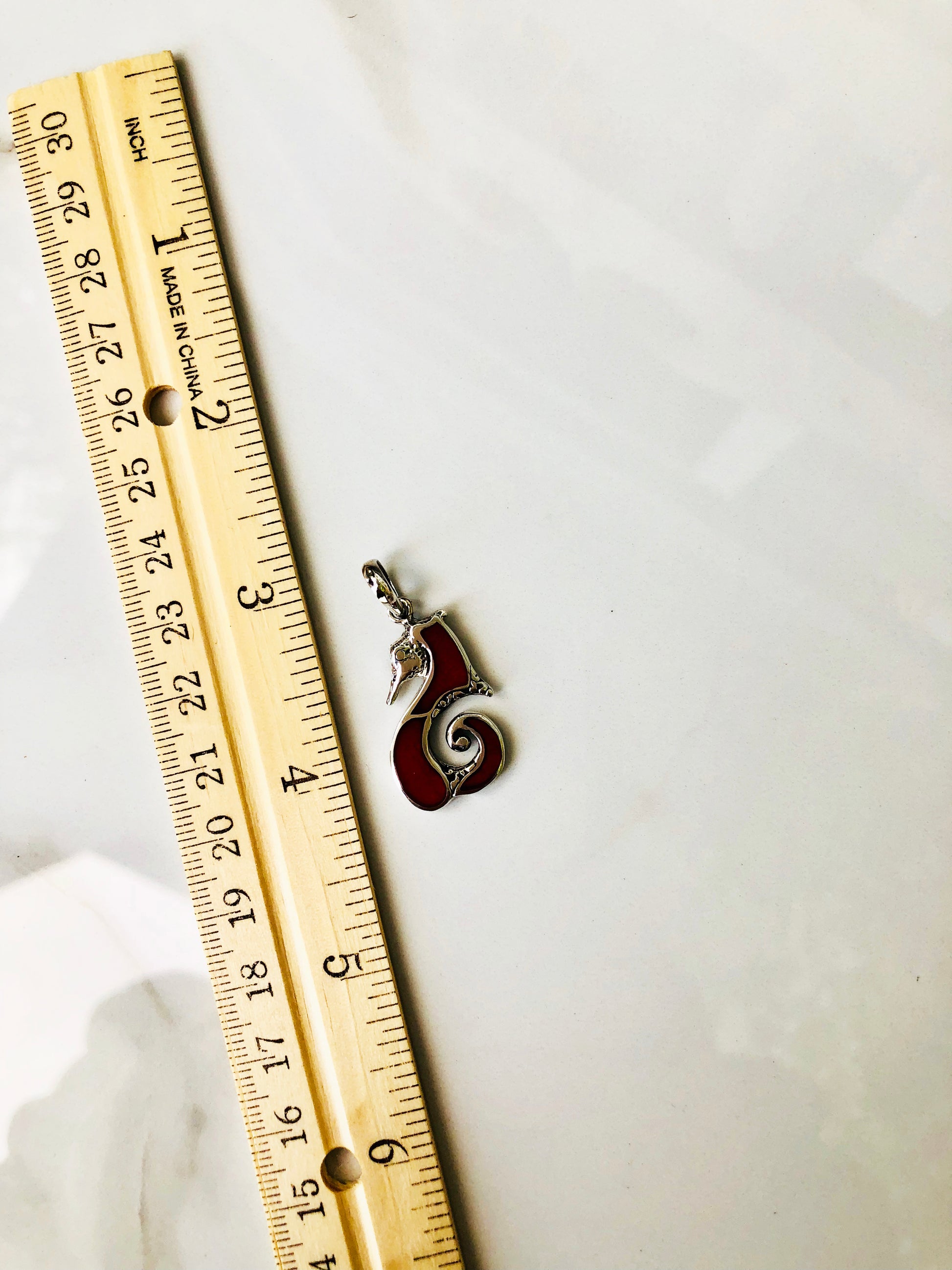 Coral and Sterling Silver Sea Horse Pendant