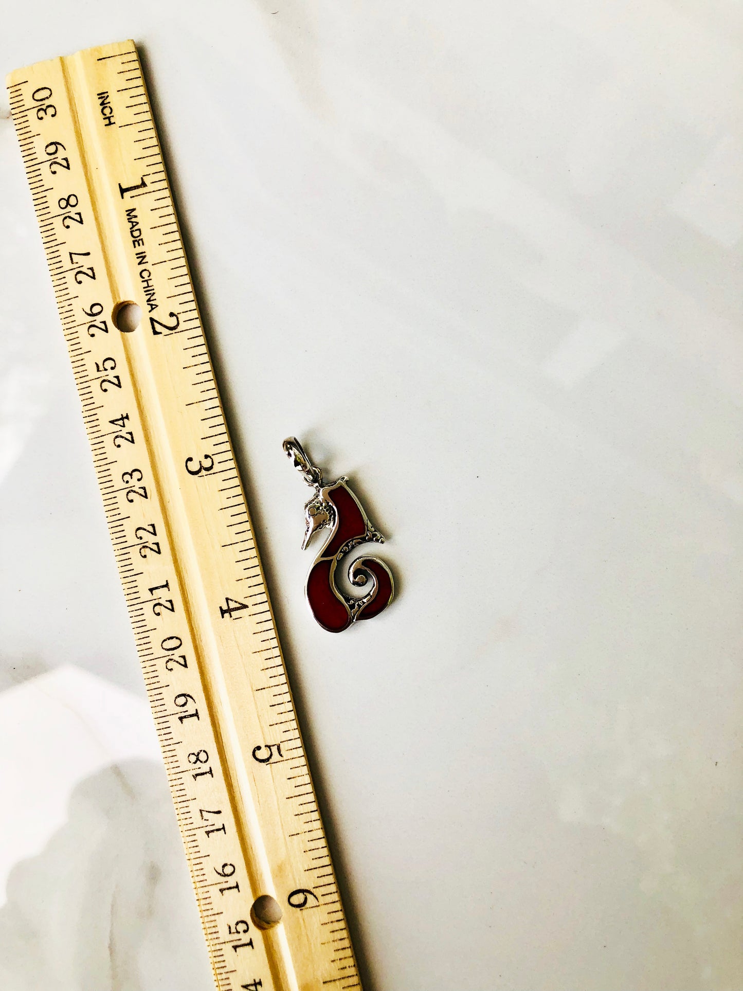 Coral and Sterling Silver Sea Horse Pendant