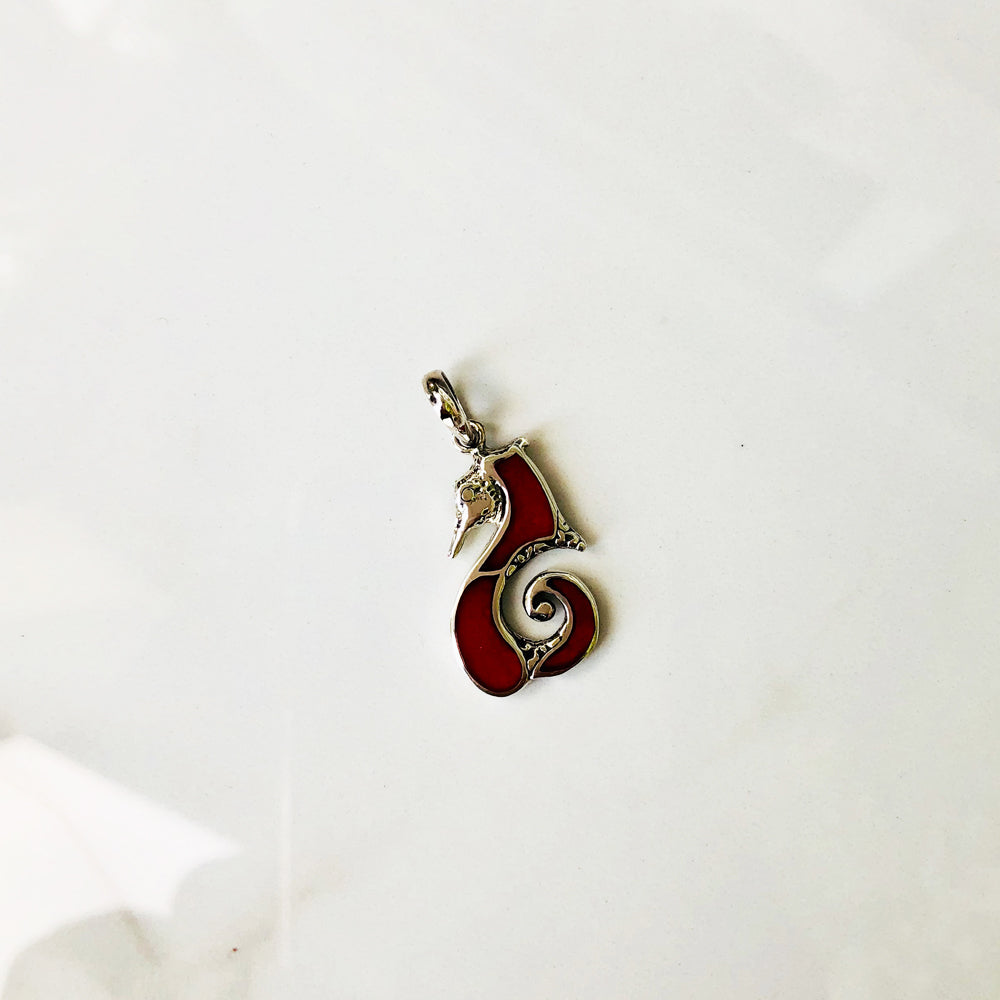 Coral and Sterling Silver Sea Horse Pendant