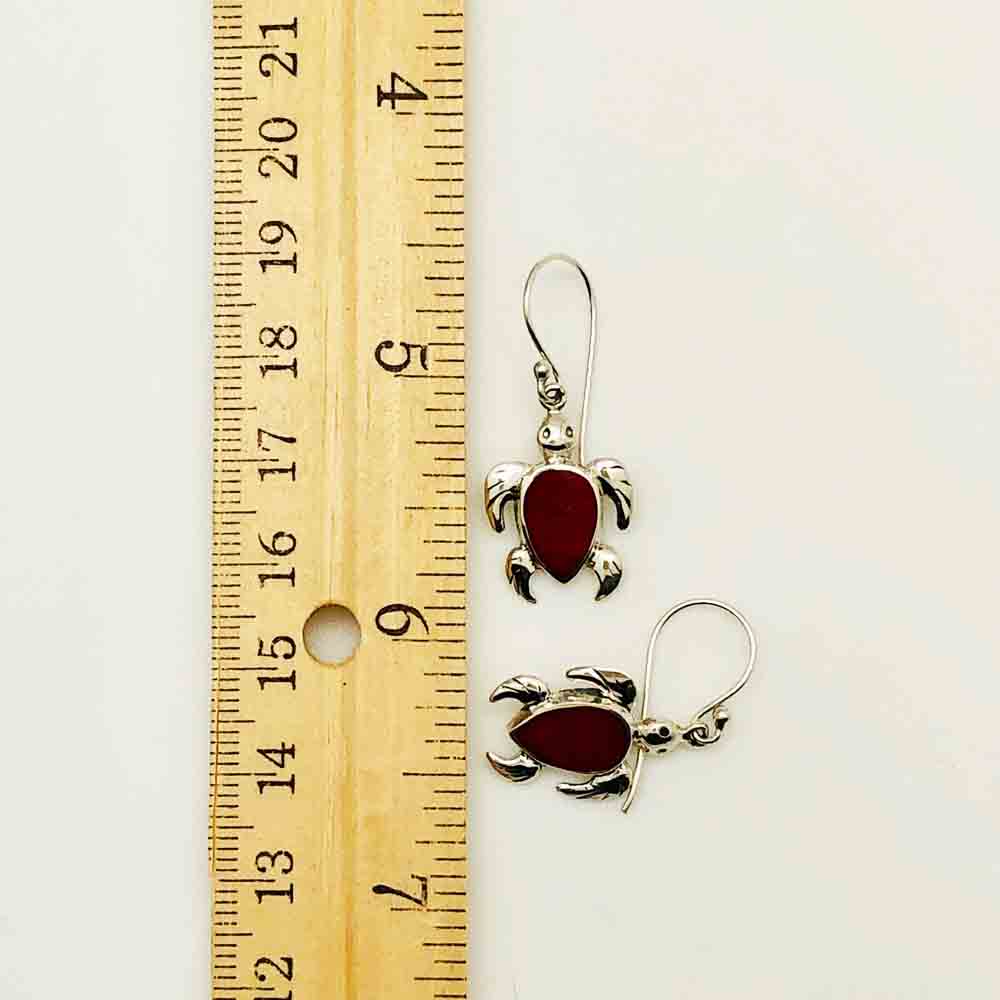 Coral and Sterling Silver Turtle dangle pierced Earrings