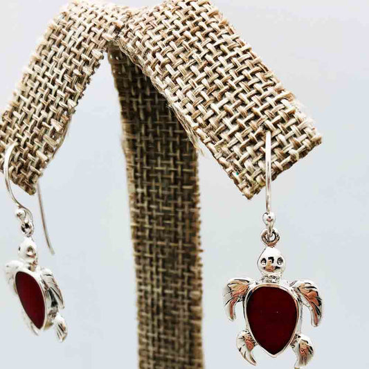 Coral and Sterling Silver Turtle dangle pierced Earrings