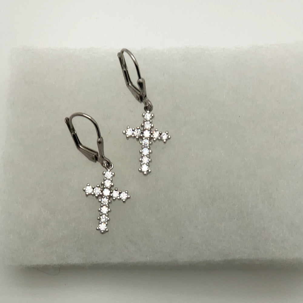 Rhodium Plated Sterling Silver CZ Cross Earrings