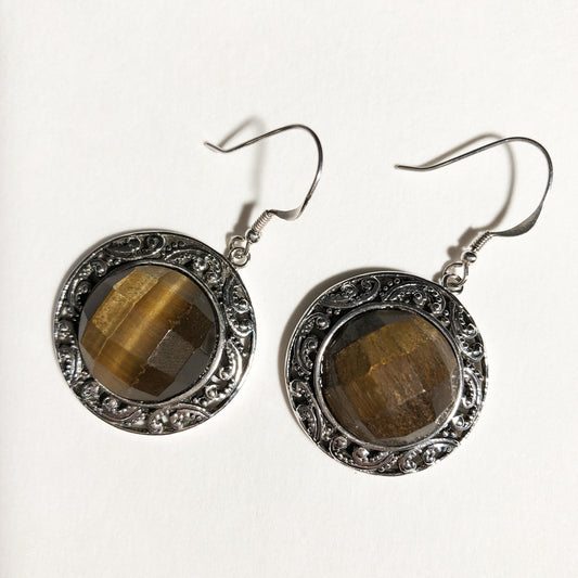 Tiger-eye Faceted Sterling Silver Earrings Round 3/4" Round - one of a kind