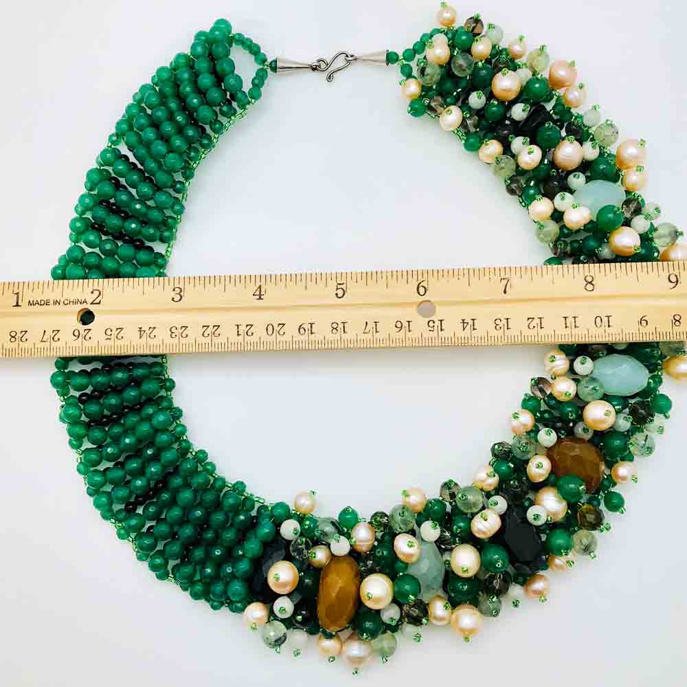 Green Agate, Fresh Water Pearl and Blue Topaz Statement Necklace. 18". One of a kind