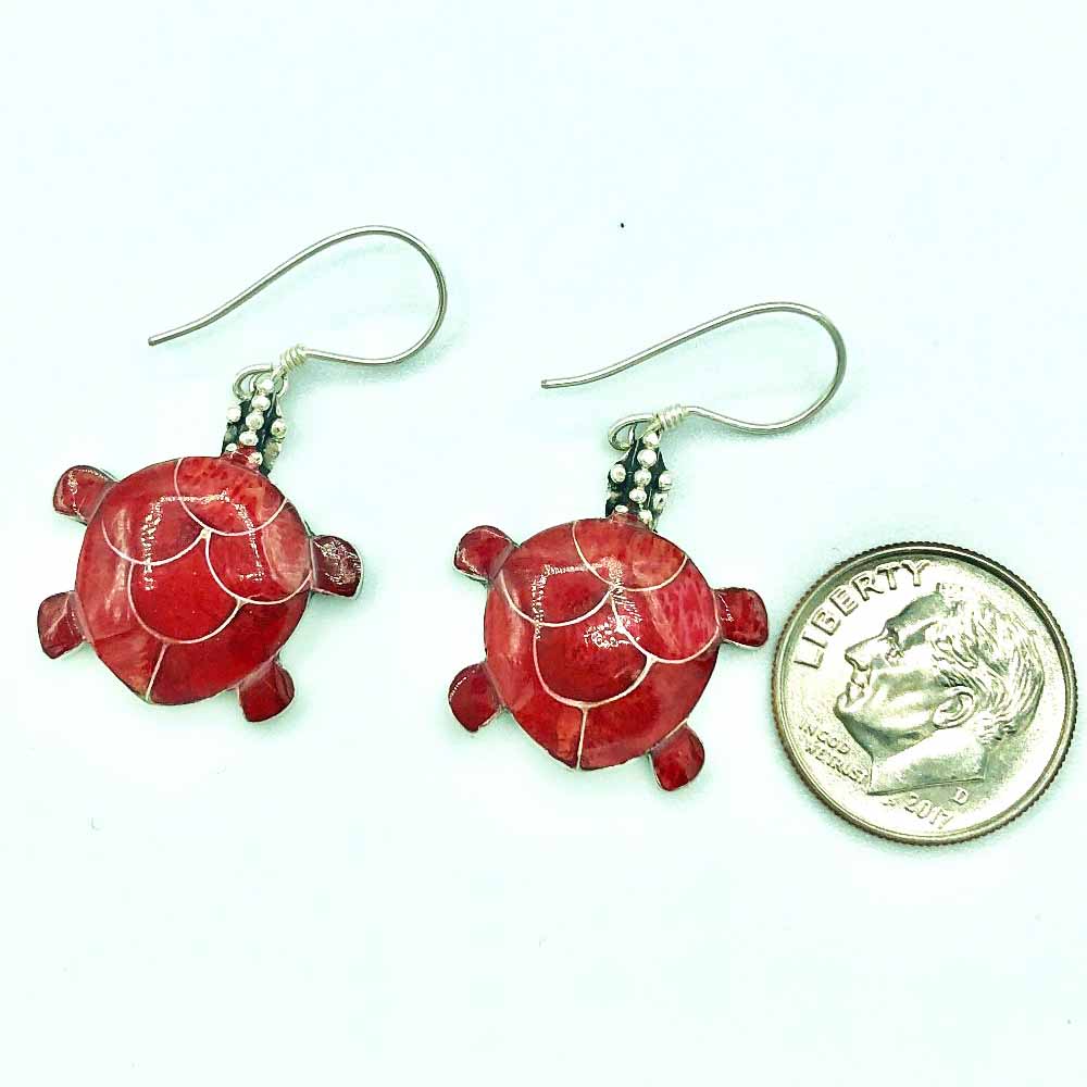Mother of Pearl or Red Coral or Abalone Turtle Sterling Silver Earrings