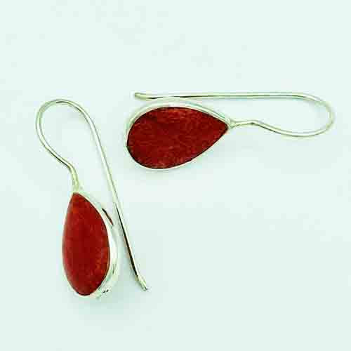Coral and Sterling Silver dangle pierced Earrings. tear shape.