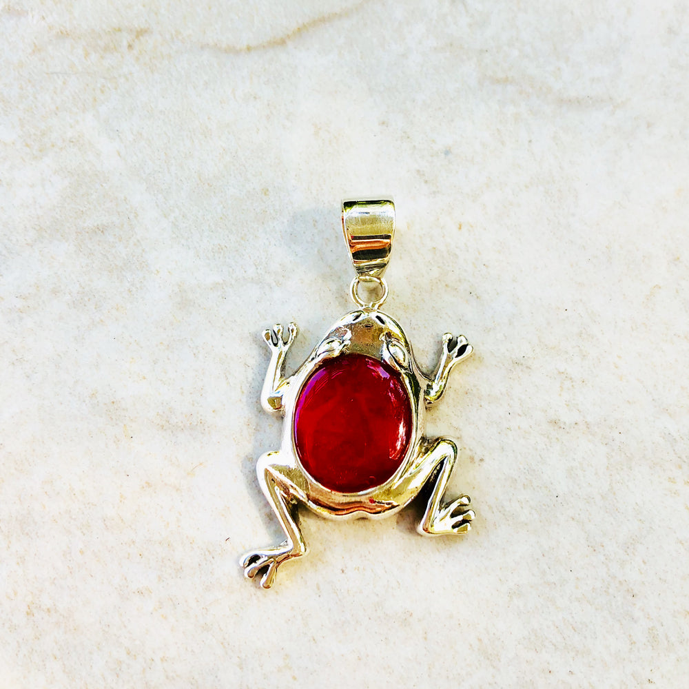 Red Coral Sterling Silver Frog Pendant