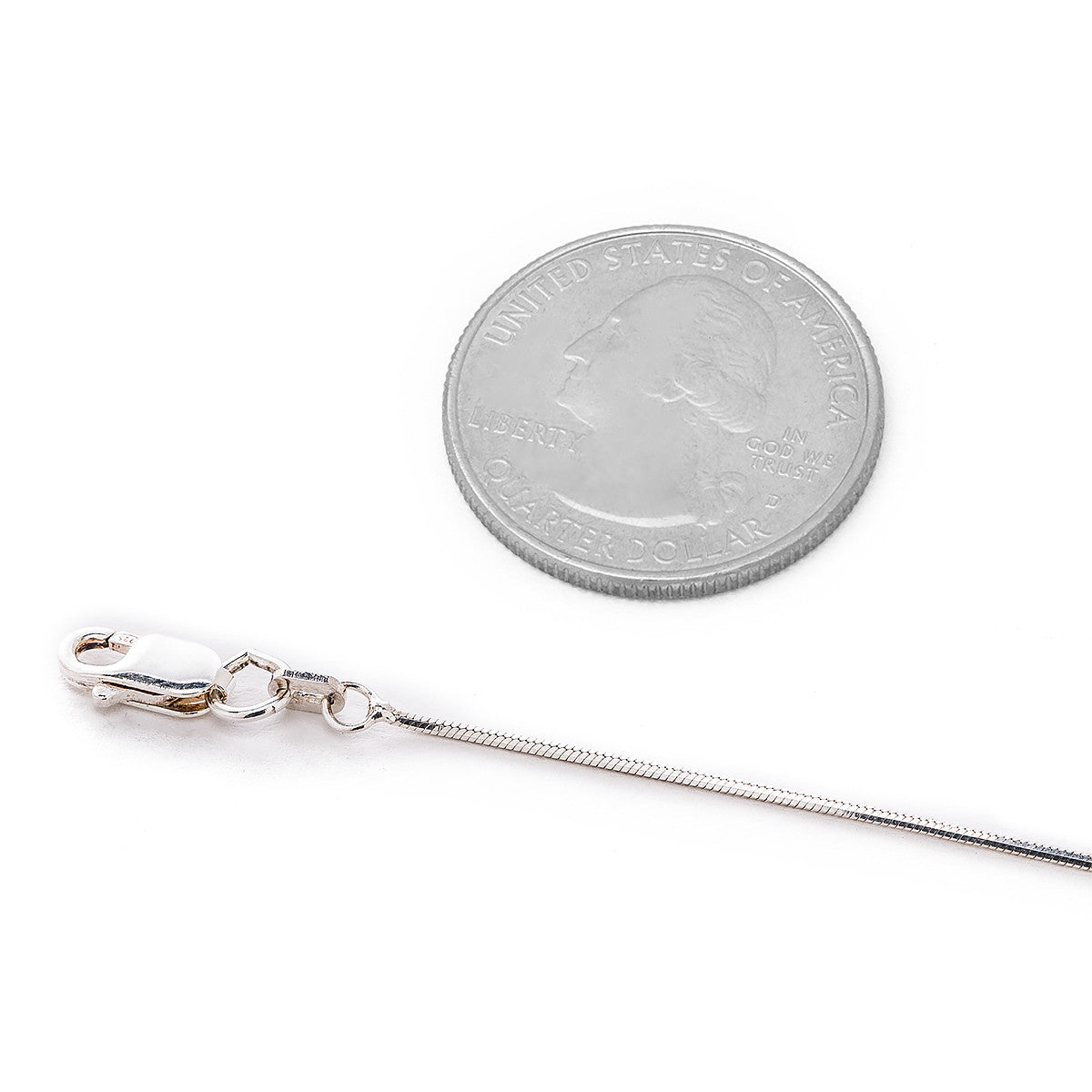 1MM Sterling Silver Snake Chain with Lobster Claw Clasp. Italian Sterling Silver, 16"-30". Laying next to a quarter.