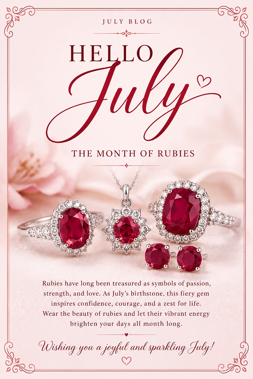 Elegant ruby gemstones and ruby jewelry displayed on a soft blush background with decorative border, celebrating July's birthstone.