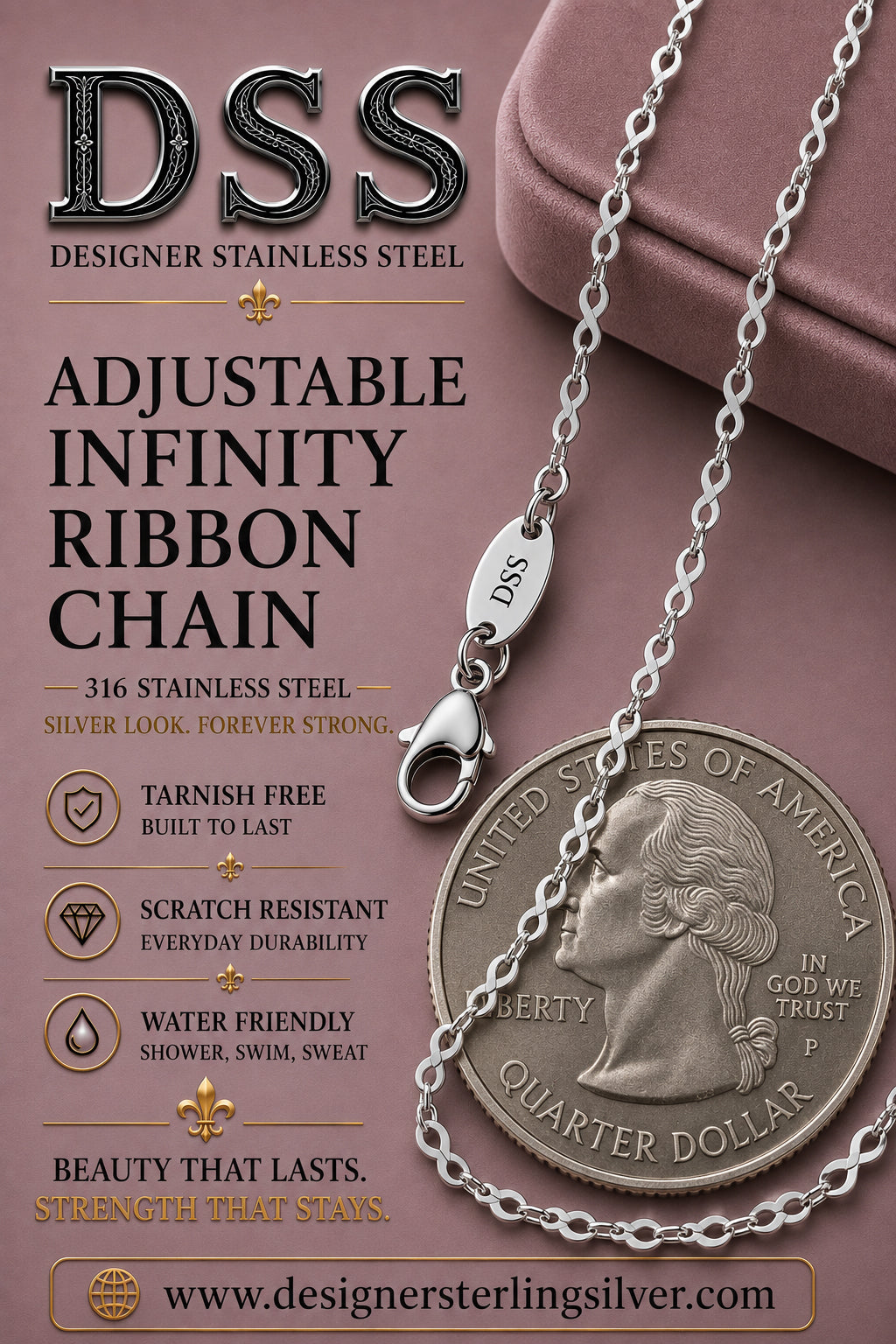 2MM Stainless Steel Infinity Ribbon Adjustable Chain 16-22"
