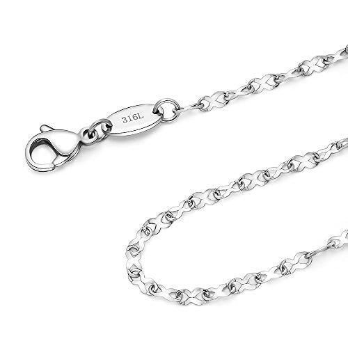 2MM Stainless Steel Infinity Ribbon Chain 16 - 36". Does not tarnish, shiny. 16", 18", 20", 22", 24", 30", 36". The links look like ribbons or an infinity symbol.